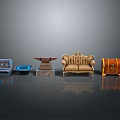 Stylish Scene Components Including Blue Device Bowl Brown Pedestal Beige Sofa And Chest