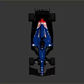 Blue Formula One Race Car with Aerodynamic Body Red Accents and Yellow Rimmed Wheels