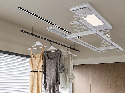 Modern Retractable Ceiling Clothes Hanger With Hanging Clothes And LED Light 3d model