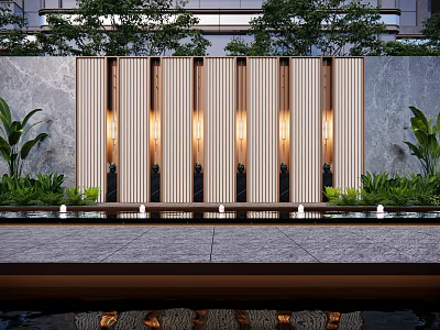 Modern Landscape Wall With Vertical Slats Integrated Lighting Green Plants And Water Reflection 3d model
