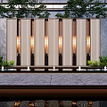 Modern Landscape Wall With Vertical Slats Integrated Lighting Green Plants And Water Reflection