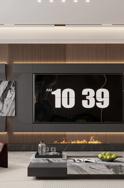 Modern Luxury Living Room Featuring Built In TV Wall Electric Fireplace And Marble Coffee Table 3d model
