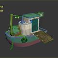 Colorful Small Model Boat With Green Top White Pink Bottom Wooden Plank Tire Crate Lanterns