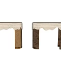 Modern Console Table Design With Wooden Textured Pillars And Scalloped White Top