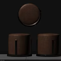 Two Brown Leather Round Ottoman Stools With Black Metal Base Modern Design 3d model
