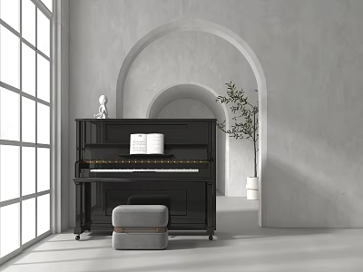 Black Piano With Music Sheets And Art Supplies In Bright Room With Window 3d model