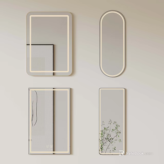 Modern Wall Mounted Mirrors With Various Shapes And Metal Frames Decorative Plants 3d model 