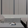 Beige Sofa Set In Modern Living Room With Fireplace Chair Cat And Wooden Wall