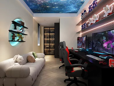 Modern Gaming Room With Starry Sky Ceiling Sofa Gaming Chairs And Computer Desk 3d model
