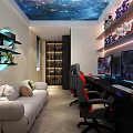 Modern Gaming Room With Starry Sky Ceiling Sofa Gaming Chairs And Computer Desk 3d model