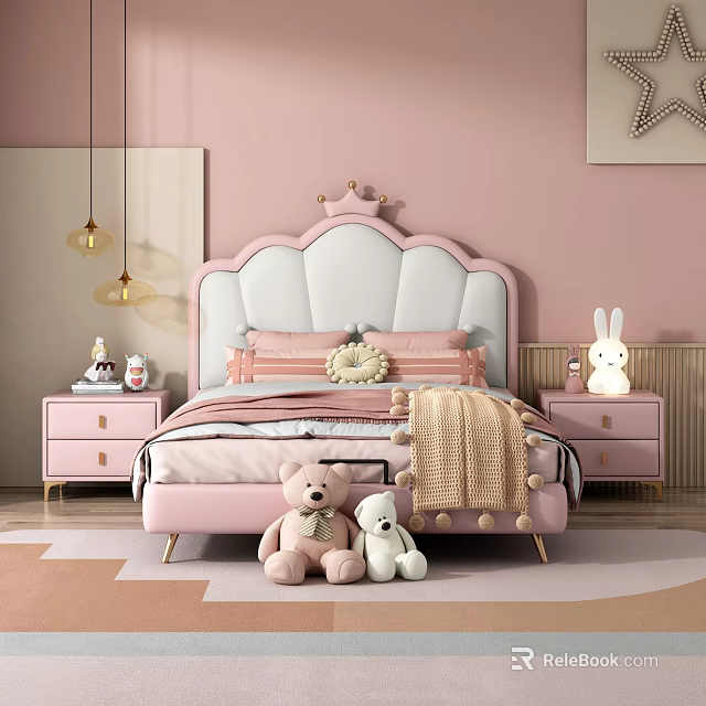 Cozy Pink Kids Bed With Crown Headboard Stuffed Toys And Rabbit Lamp 3d model 