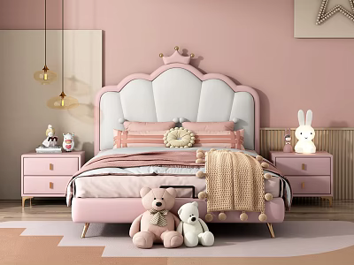 Cozy Pink Kids Bed With Crown Headboard Stuffed Toys And Rabbit Lamp 3d model