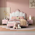 Cozy Pink Kids Bed With Crown Headboard Stuffed Toys And Rabbit Lamp