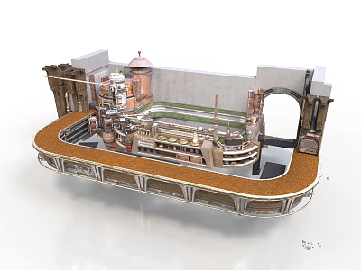 3D Industrial Factory Model With Circular Pipes Equipment And Brown Metal Platform 3d model