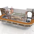3D Industrial Factory Model With Circular Pipes Equipment And Brown Metal Platform