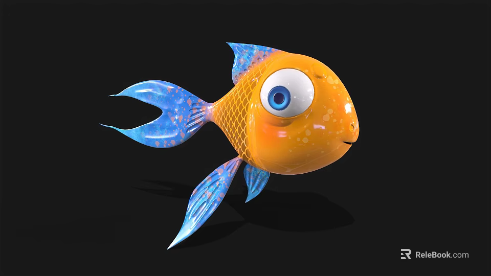 3D Orange Aquatic Fish With Blue Fins Tail And Big Round Eyes 3d model 