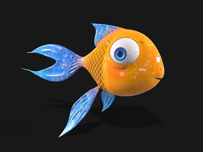 3D Orange Aquatic Fish With Blue Fins Tail And Big Round Eyes 3d model