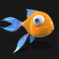 3D Orange Aquatic Fish With Blue Fins Tail And Big Round Eyes
