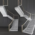Modern Staircase Design With White Steps Black Gold Railings Dark Walls And Wooden Flooring
