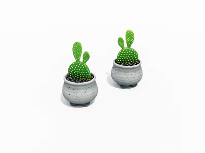 Bonsai Potted Cactus Plants In Gray Pots With Black Spots On White Background 3d model