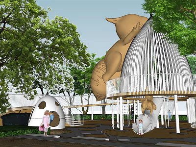 Fun Children Playground With Giant Bear Sculpture Birdcage Structure Egg Shaped Hut And Green Trees 3d model