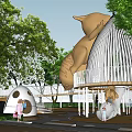 Fun Children Playground With Giant Bear Sculpture Birdcage Structure Egg Shaped Hut And Green Trees
