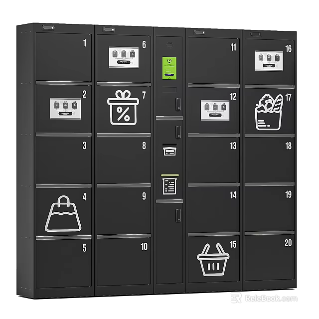 Multiple Numbered Storage Lockers With Various Shopping Icons And Digital Screens 3d model 