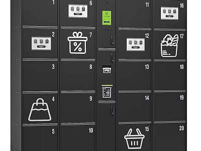 Multiple Numbered Storage Lockers With Various Shopping Icons And Digital Screens 3d model