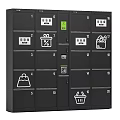 Multiple Numbered Storage Lockers With Various Shopping Icons And Digital Screens
