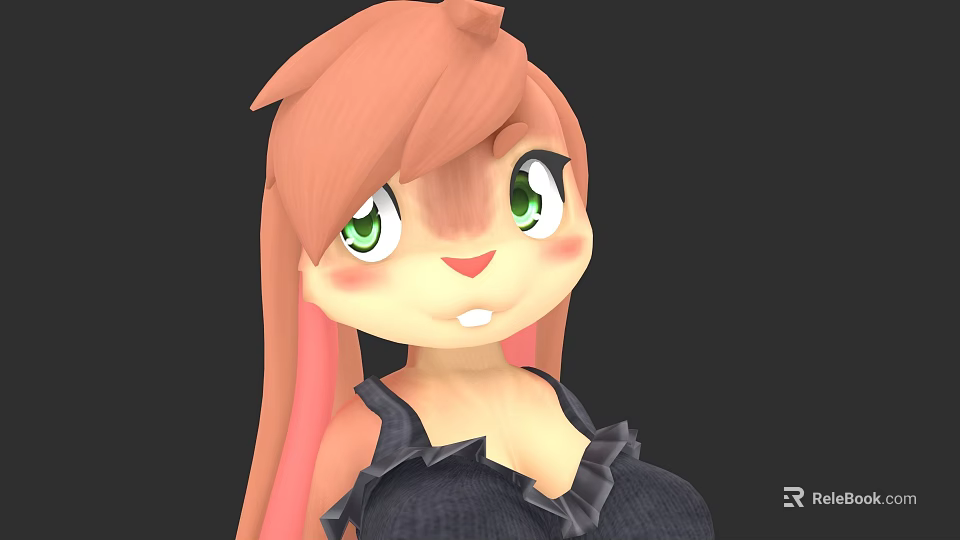 Cute Cartoon Character With Pink Hair Green Eyes And Ruffled Dark Outfit On Black Background 3d model 