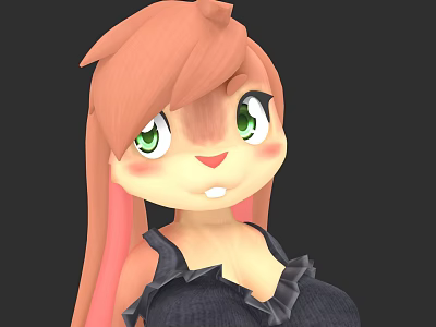 Cute Cartoon Character With Pink Hair Green Eyes And Ruffled Dark Outfit On Black Background 3d model
