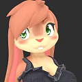 Cute Cartoon Character With Pink Hair Green Eyes And Ruffled Dark Outfit On Black Background