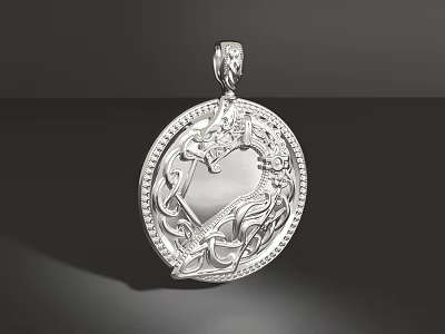 Silver Heart Pendant with Intricate Ornate Pattern and Sparkling Diamond Accents 3d model