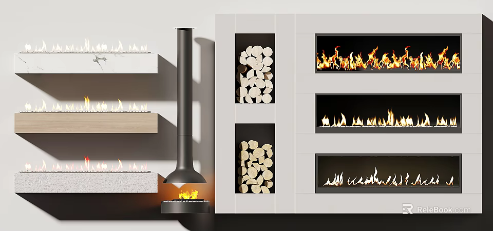 Modern Fireplace Designs With Wood Storage And Flaming Fire Features In Various Styles 3d model 