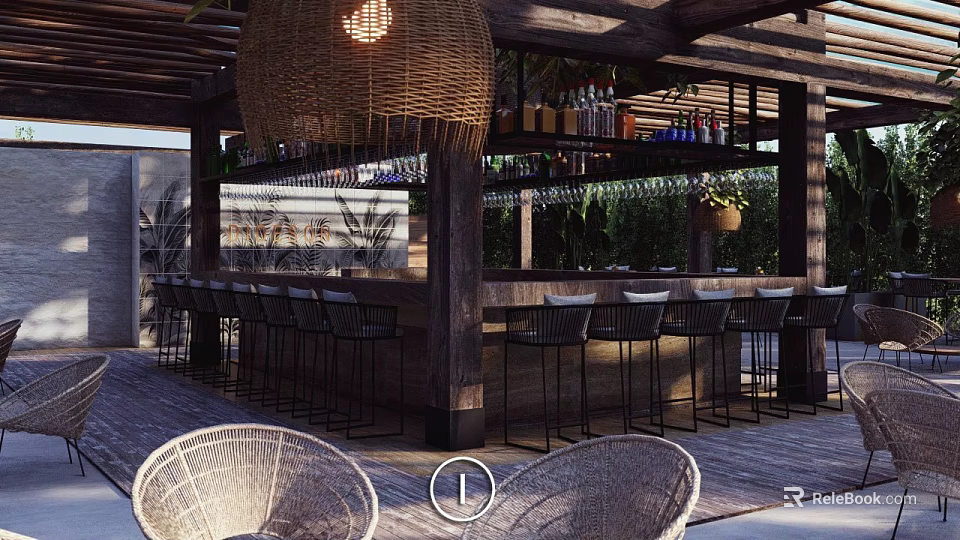 Outdoor Bar Area With Wooden Pergola Wicker Pendant Light Bar Stools And Rattan Chairs 3d model 