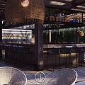 Outdoor Bar Area With Wooden Pergola Wicker Pendant Light Bar Stools And Rattan Chairs
