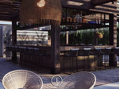 Outdoor Bar Area With Wooden Pergola Wicker Pendant Light Bar Stools And Rattan Chairs 3d model