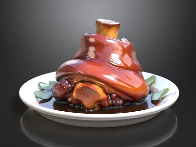 Delicious Braised Pork Knuckle with Shiny Glaze on White Plate and Fresh Leaves 3d model