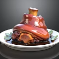 Delicious Braised Pork Knuckle with Shiny Glaze on White Plate and Fresh Leaves