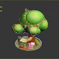 Decorative Small Tree Scene With Green Foliage Red Top Colorful Bunting Hammock And Pink Mat