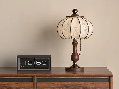 Classic Design Table Lamp With Brown Base And White Patterned Shade Near Digital Clock 3d model