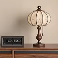 Classic Design Table Lamp With Brown Base And White Patterned Shade Near Digital Clock 3d model