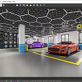 4S Auto Workshop Service Area Featuring Red Purple Sports Cars Tool Racks And Yellow Lines