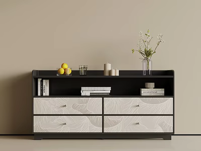 Entryway Cabinet Sideboard With Black White Design Yellow Fruits Glass Cup Candles Vase And Books 3d model