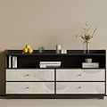 Entryway Cabinet Sideboard With Black White Design Yellow Fruits Glass Cup Candles Vase And Books