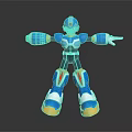 Blue Armored Video Game Character Posing With Helmet Yellow Boots And Outstretched Arms