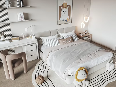 Cozy Kids Bed with Peace Pillow Striped Cushion and Toy Lion on Rug 3d model