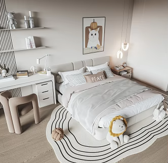 Modern Cream Children's Bed Student Bed Double Bed Desk Chair Decoration 3d model