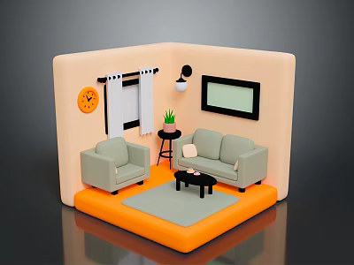 Modern Living Room Furniture With Sofa Armchair Coffee Table Plant Wall Clock And Carpet 3d model