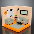 Modern Living Room Furniture With Sofa Armchair Coffee Table Plant Wall Clock And Carpet